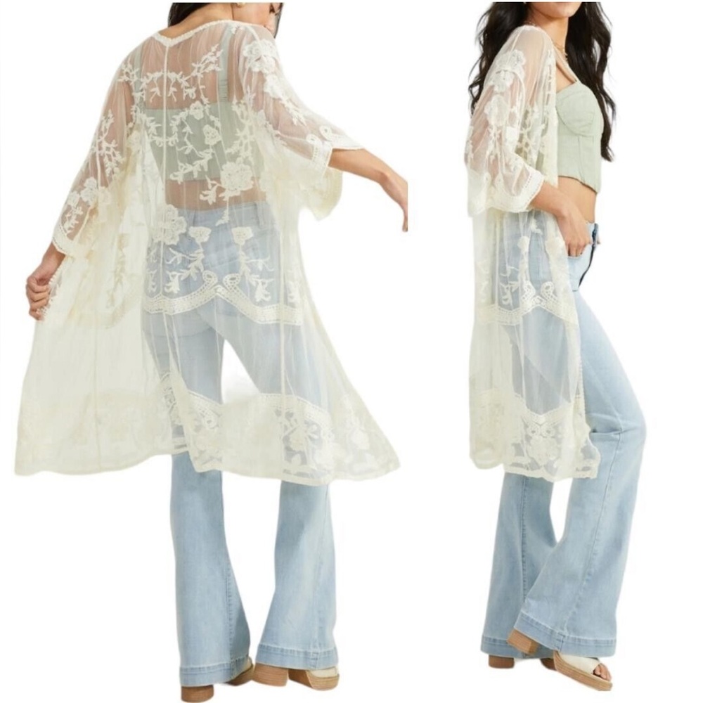 NEW ADIVA Boho Embroidered Lace Kimono Open Front Bell Sleeves in Ivory 1X